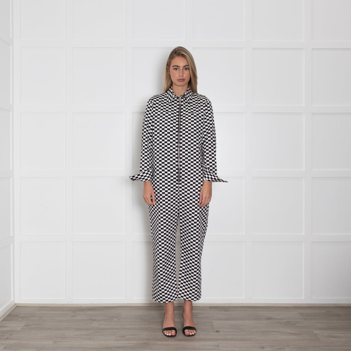 Christian Dior Black White Checkered Logo Print Jumpsuit