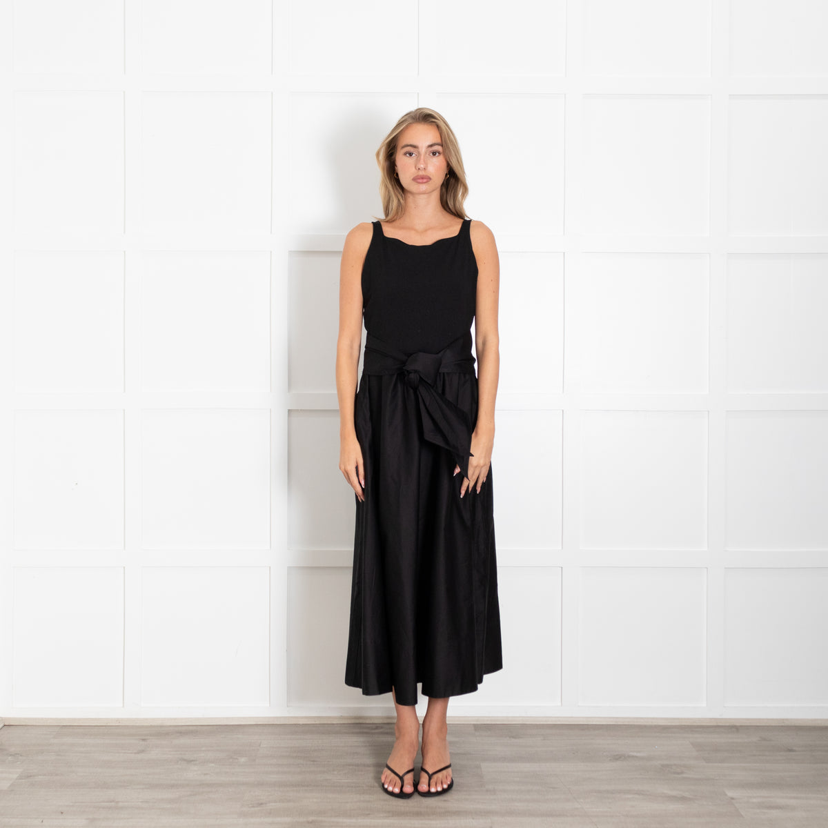 Me + Em Black Boat Neck Fit And Flare Dress With Belt