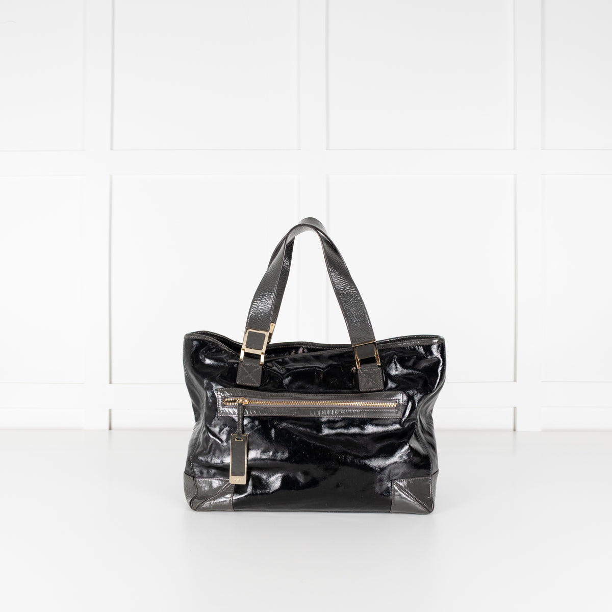 Anya Hindmarch Black Patent Grey Strap Gold Hardware Tote Bag