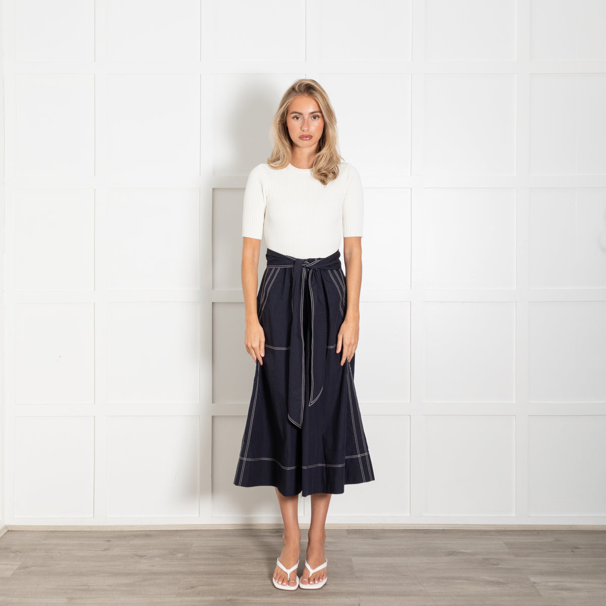 Me + Em Cream Knit Blue Cotton Long Belted Dress