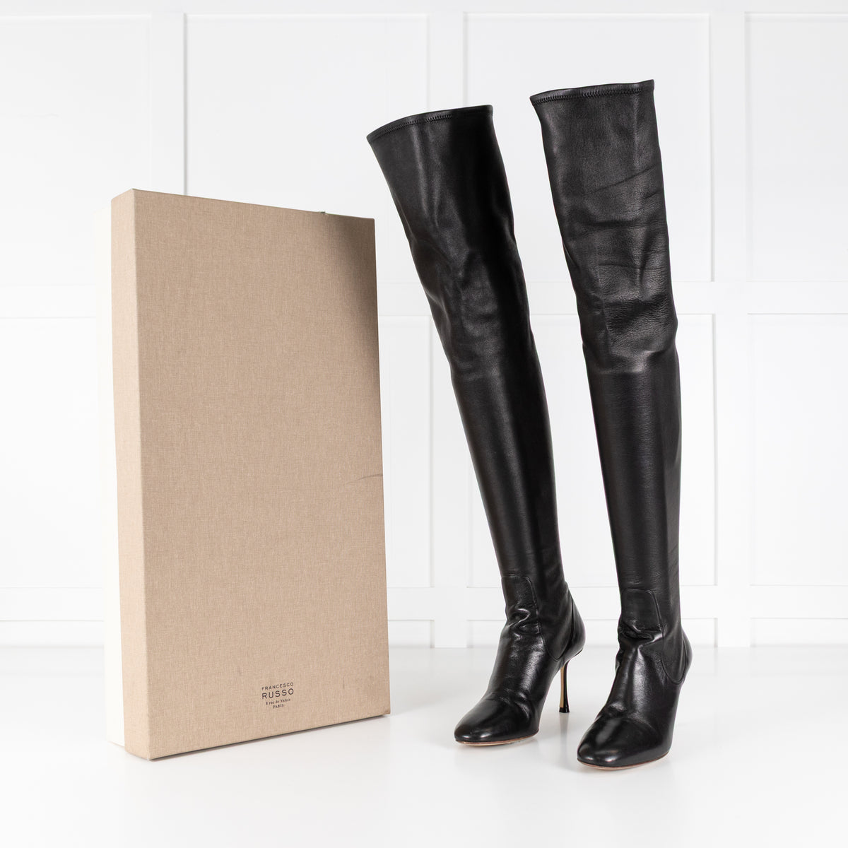 Francesco Russo Black Stretch Leather Over the Knee Boots
