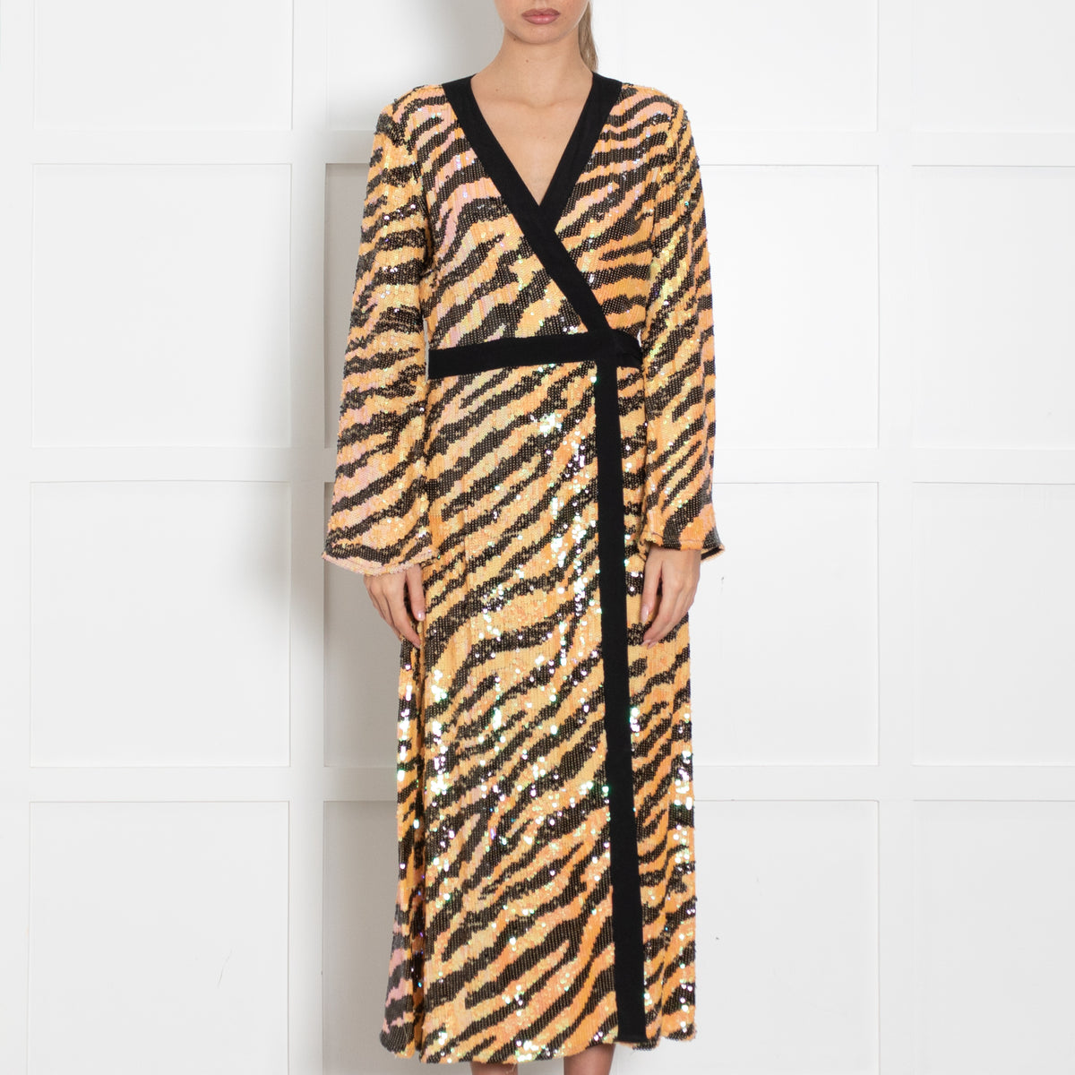 Rixo Tiger Print Sequin Wrap Dress