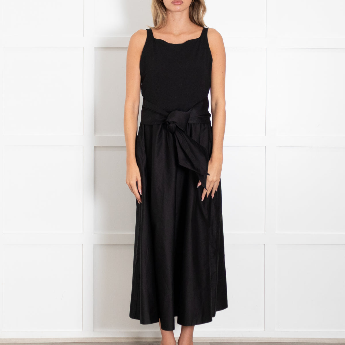 Me + Em Black Boat Neck Fit And Flare Dress With Belt