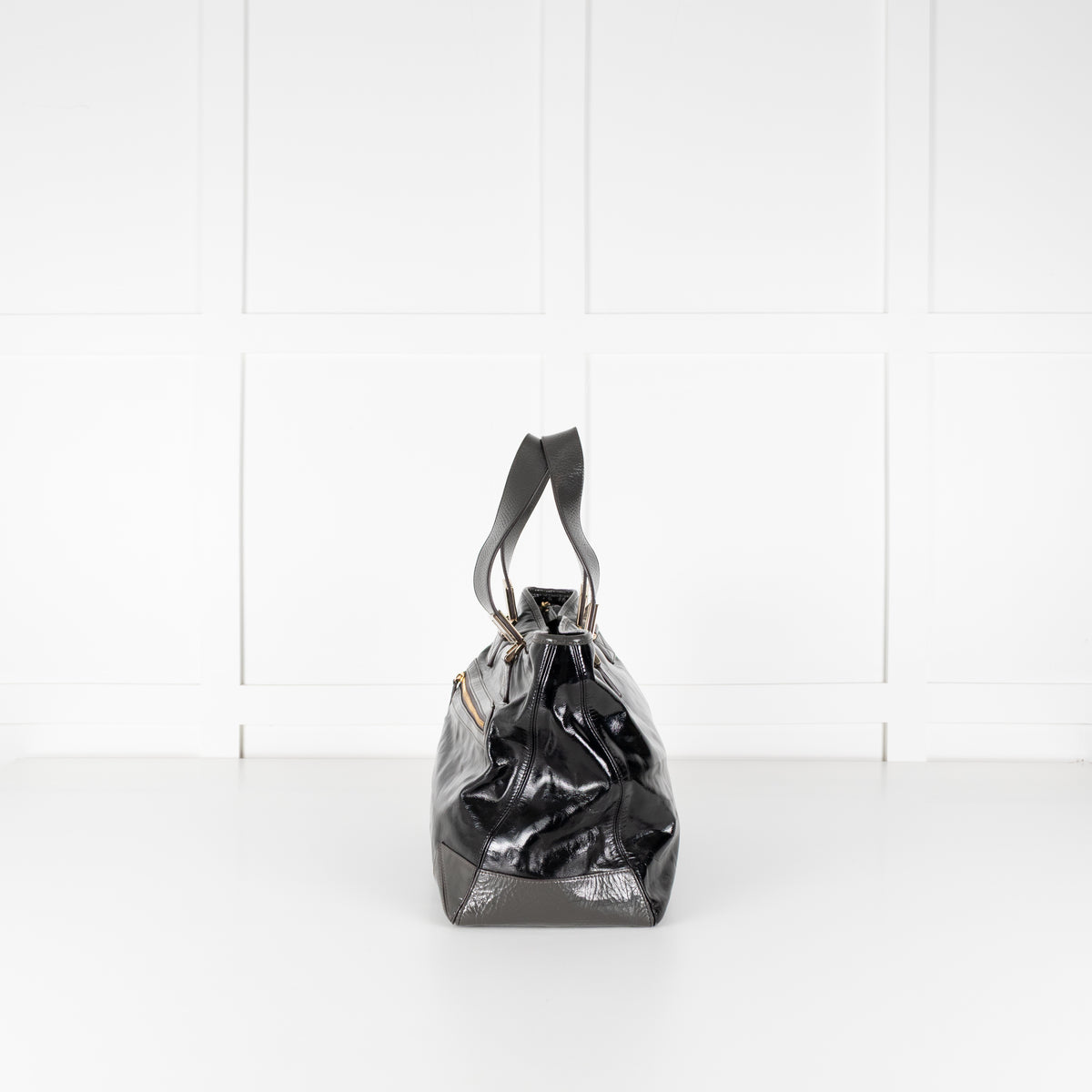Anya Hindmarch Black Patent Grey Strap Gold Hardware Tote Bag