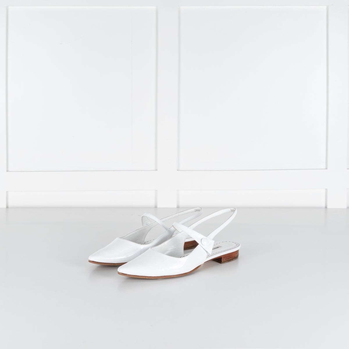 Manolo Blahnik Didion White Patent Leather Slingback Flats