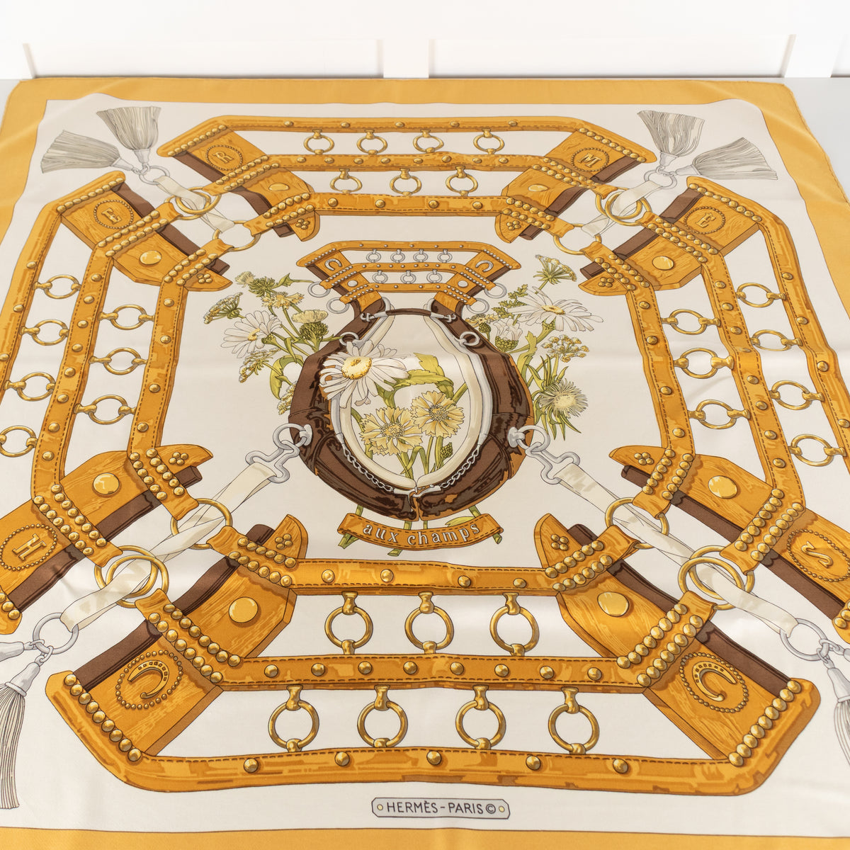 Hermes Silk 'Aux Champs' Floral Horseshoe Motif Scarf
