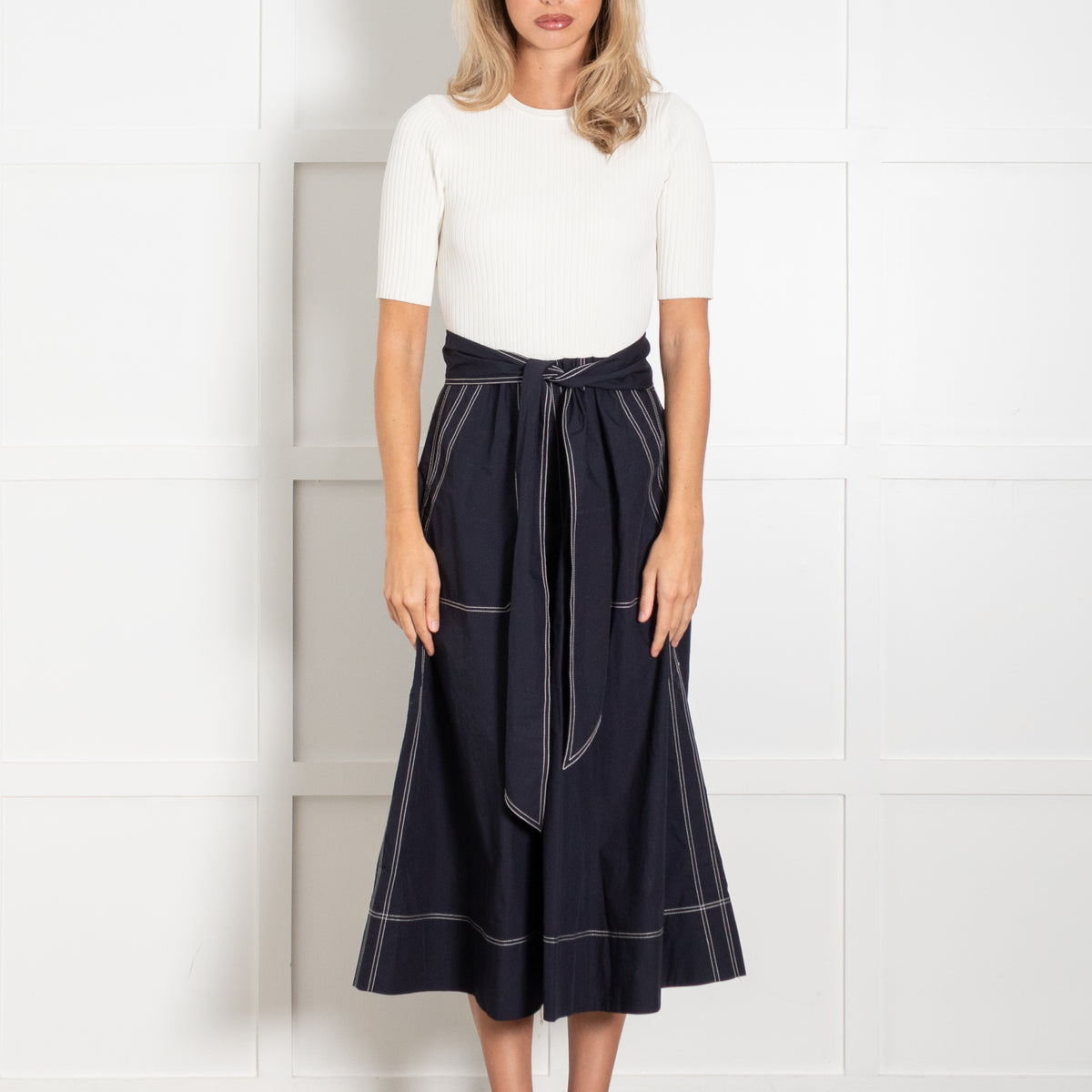 Me + Em Cream Knit Blue Cotton Long Belted Dress