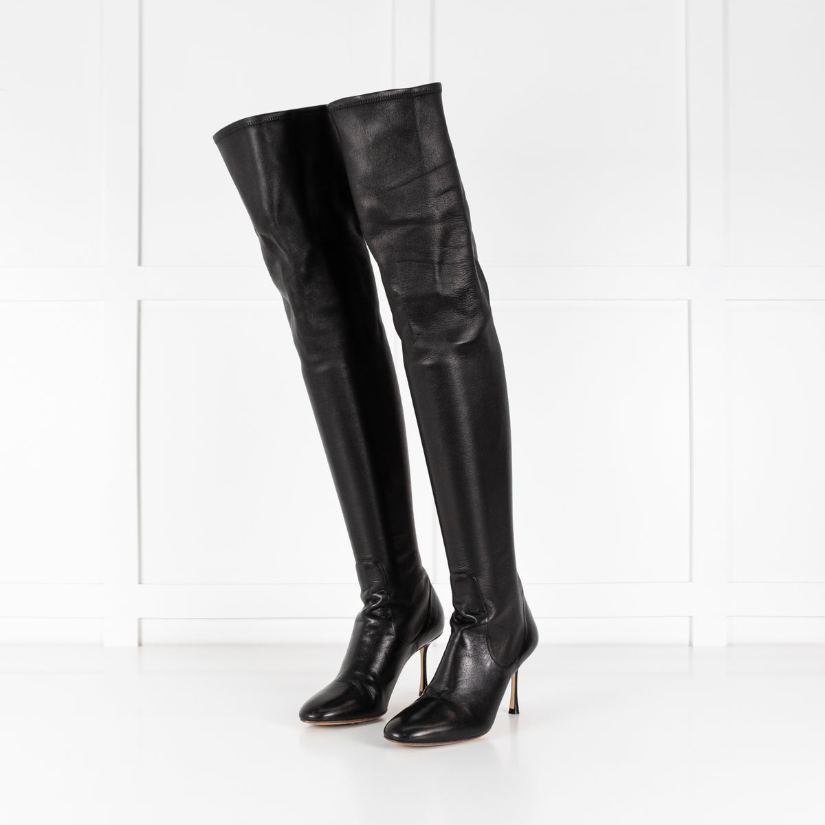Francesco Russo Black Stretch Leather Over the Knee Boots