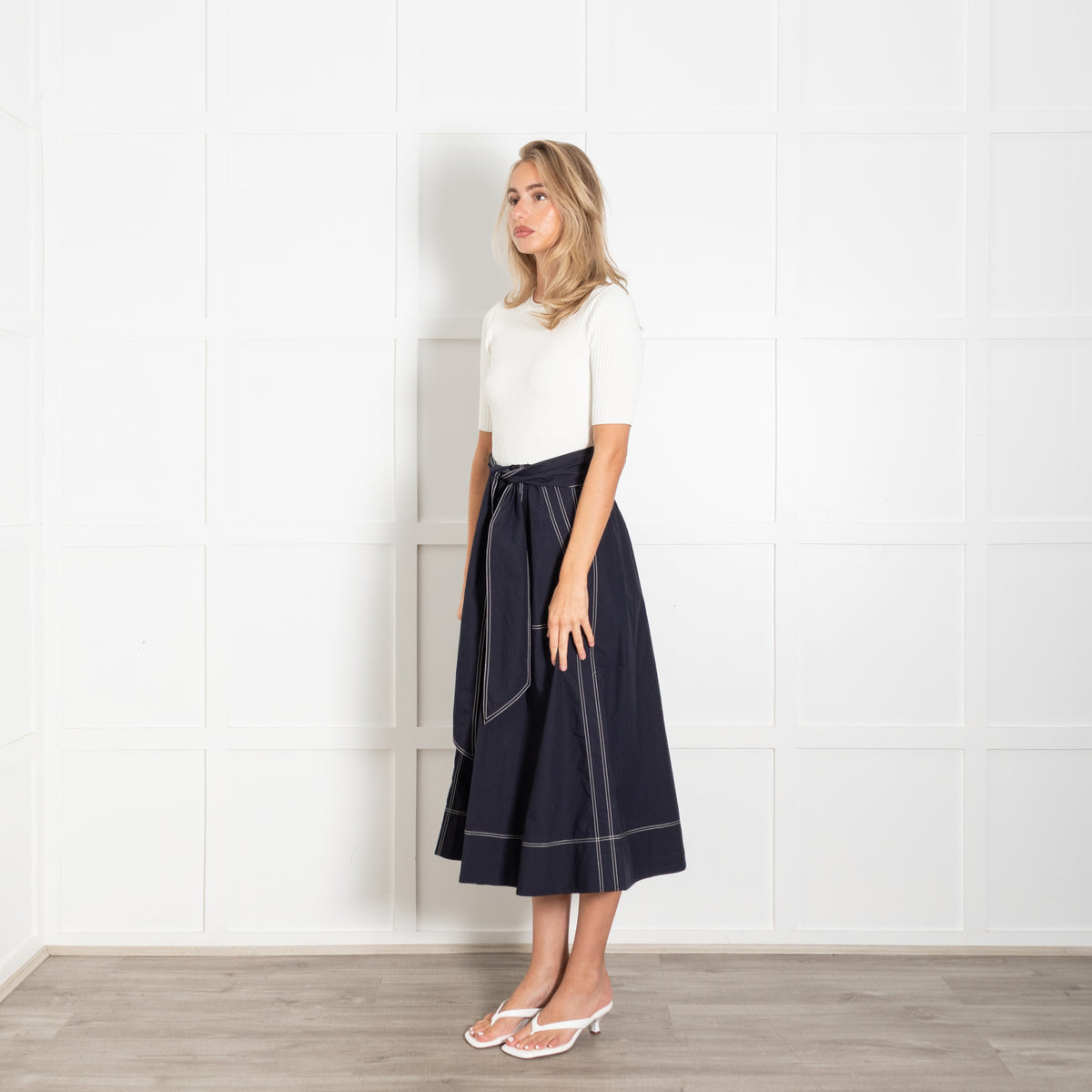 Me + Em Cream Knit Blue Cotton Long Belted Dress