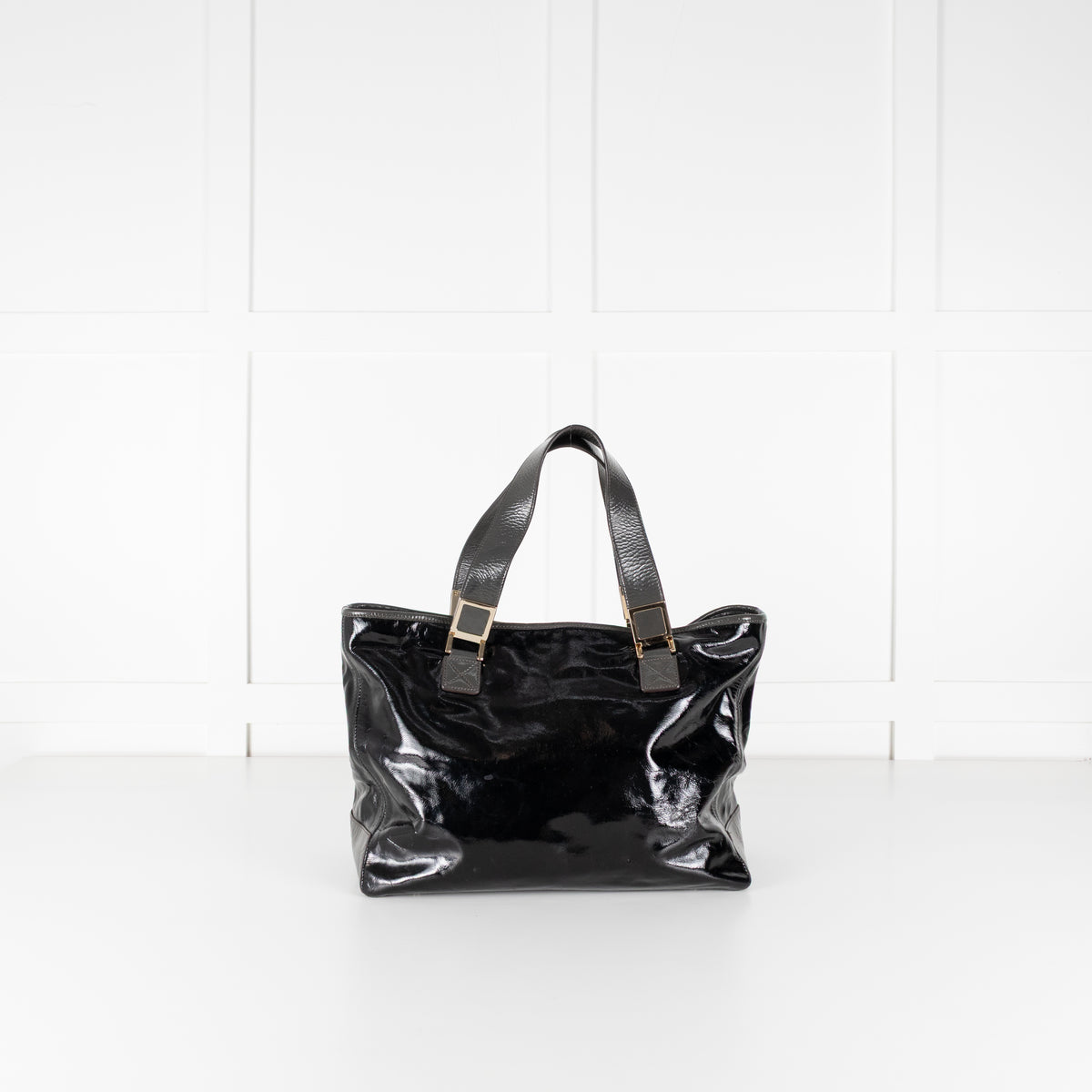 Anya Hindmarch Black Patent Grey Strap Gold Hardware Tote Bag