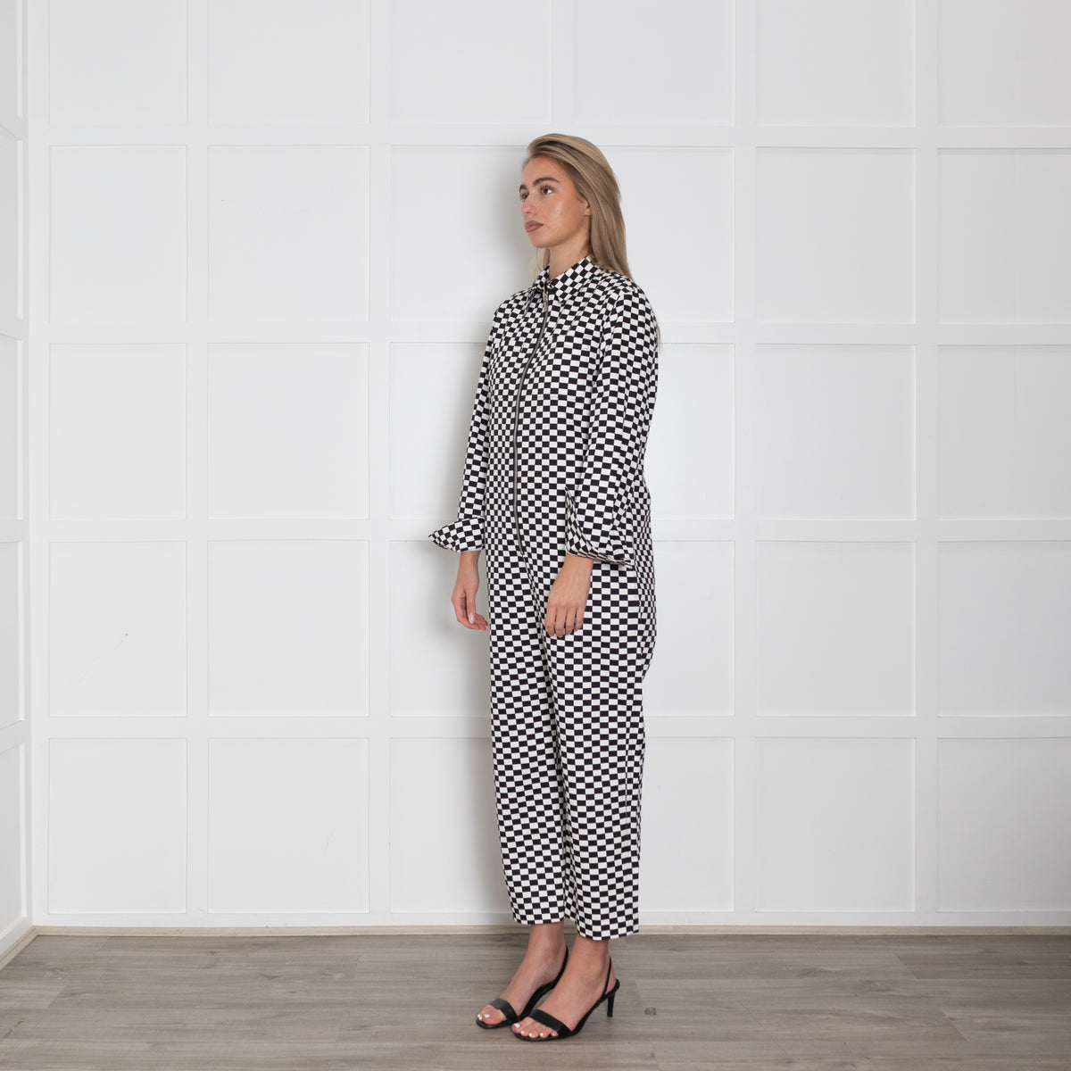 Christian Dior Black White Checkered Logo Print Jumpsuit