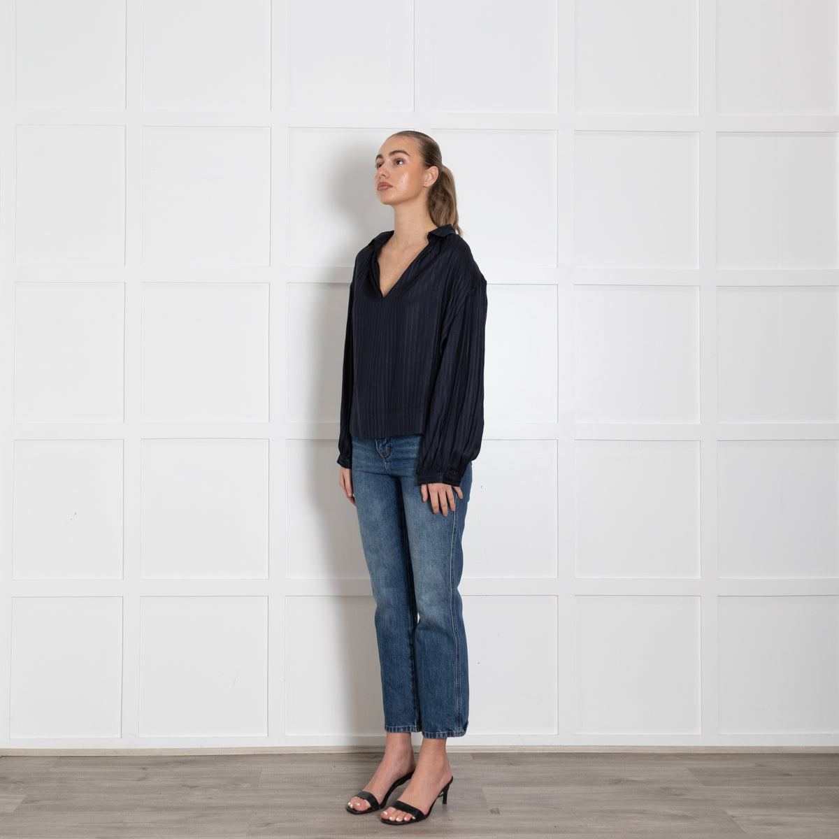 Stella McCartney Navy Blue Stripe Silk Long Sleeved Blouse