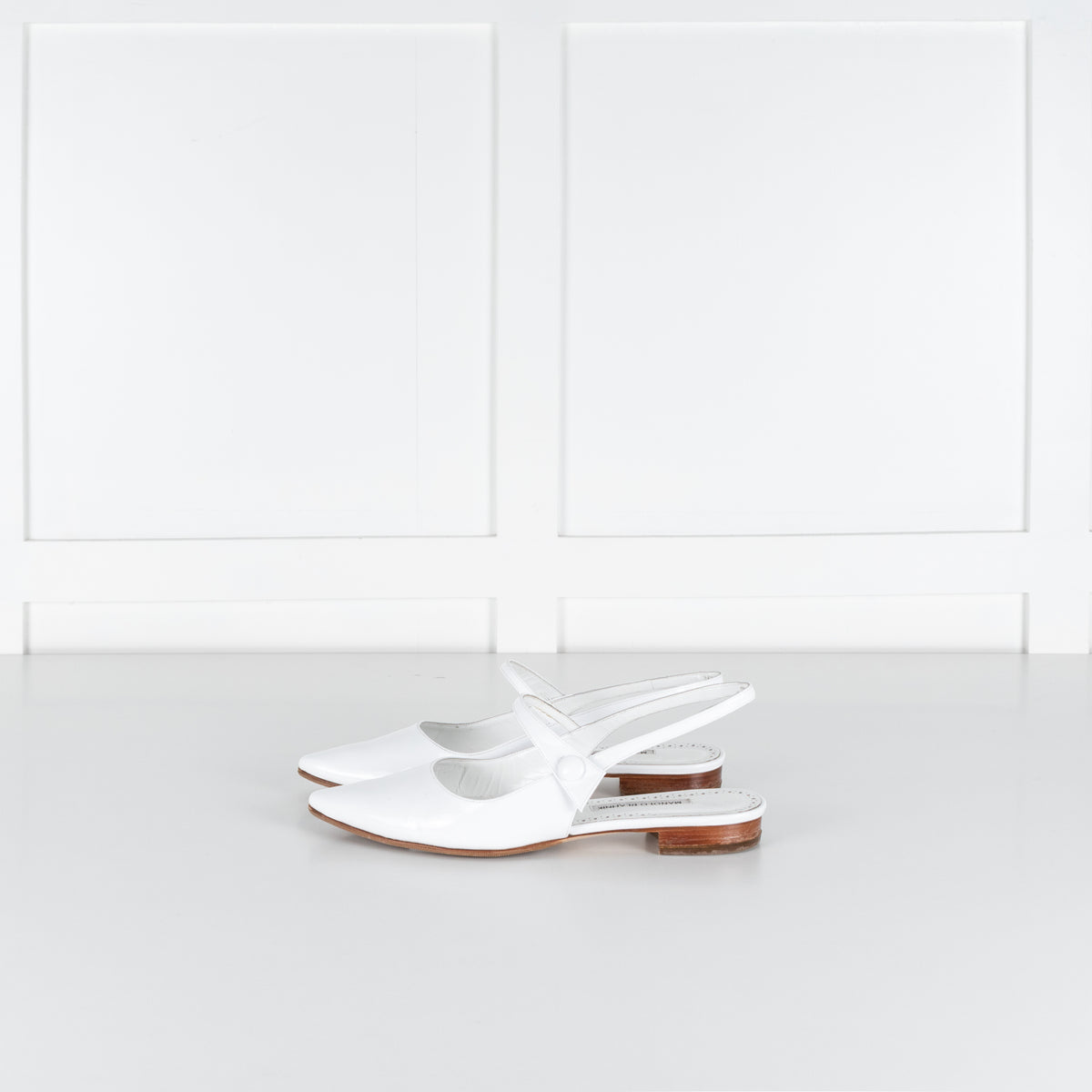 Manolo Blahnik Didion White Patent Leather Slingback Flats
