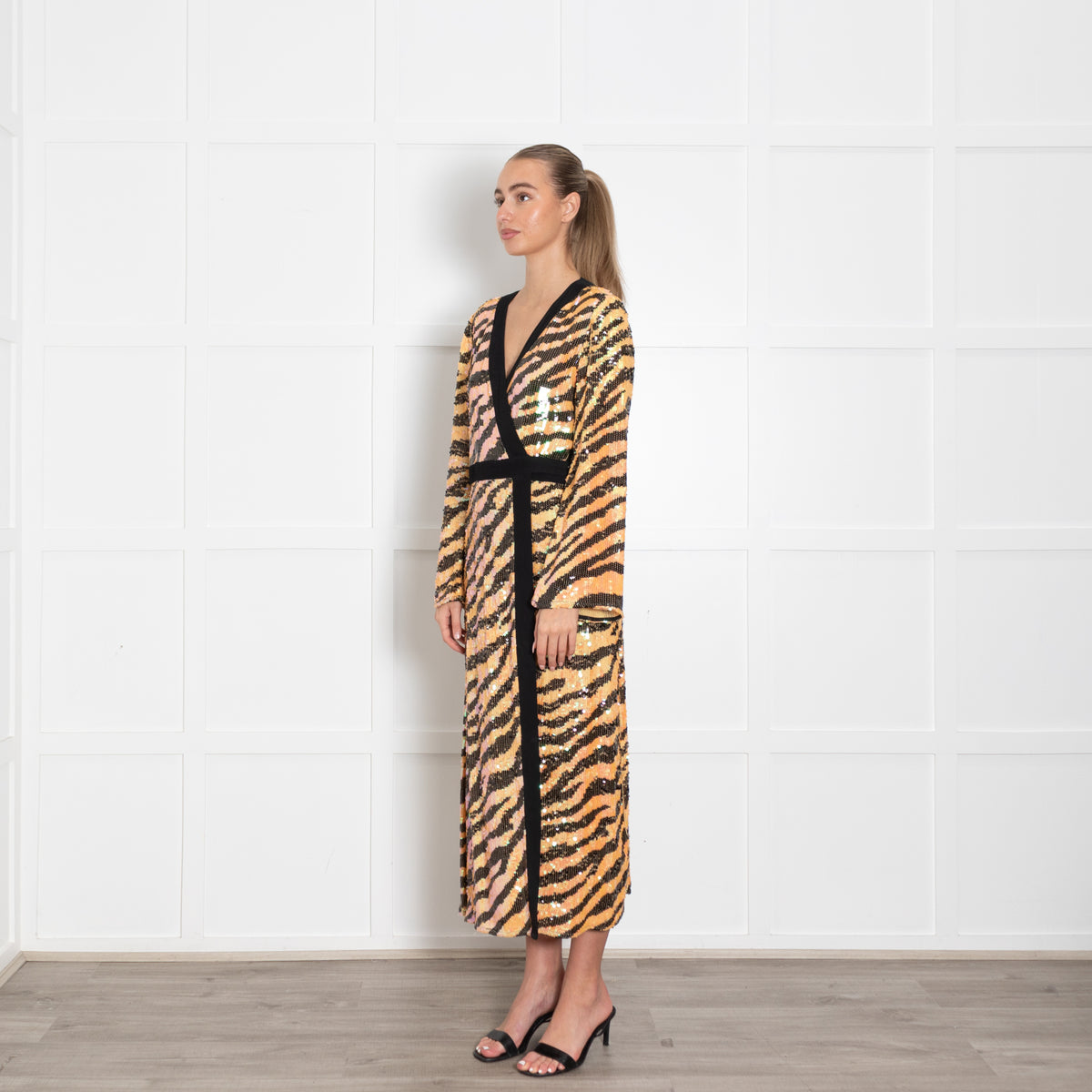 Rixo Tiger Print Sequin Wrap Dress