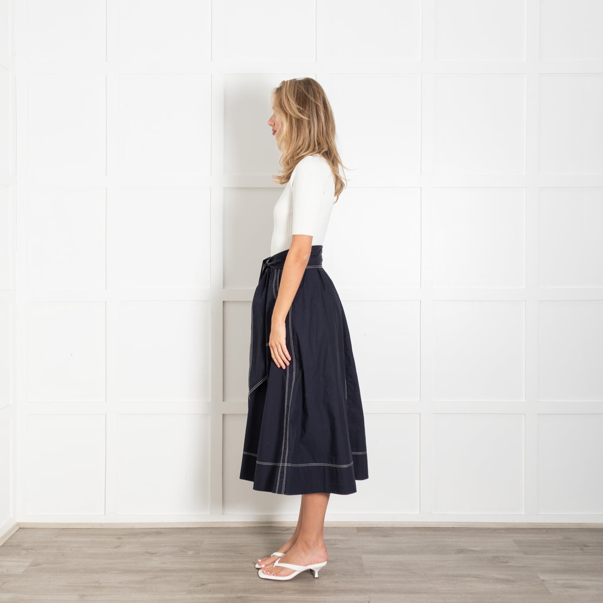 Me + Em Cream Knit Blue Cotton Long Belted Dress