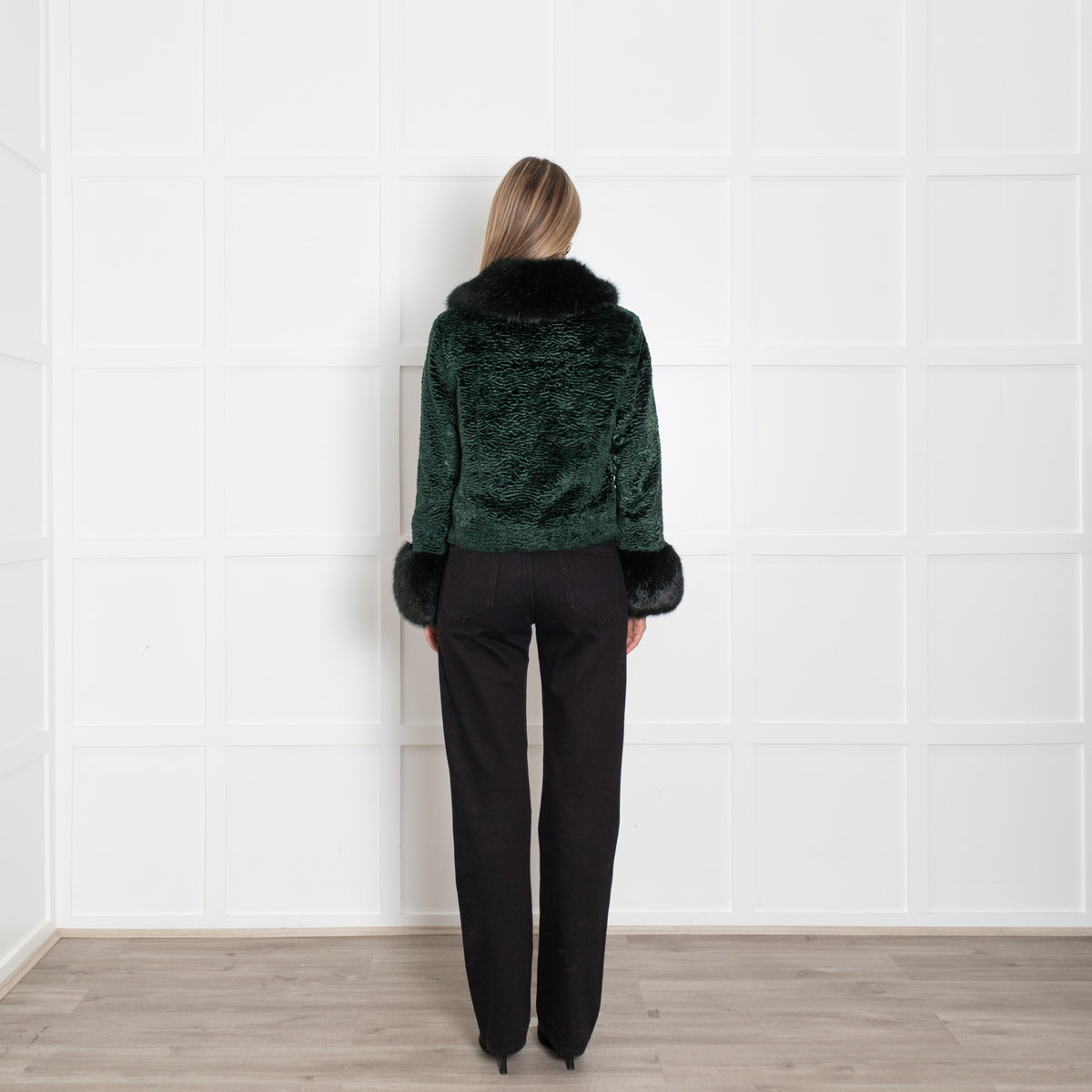 Shrimps Bottle Green Velvet Faux Fur Collar+Sleeve Jacket