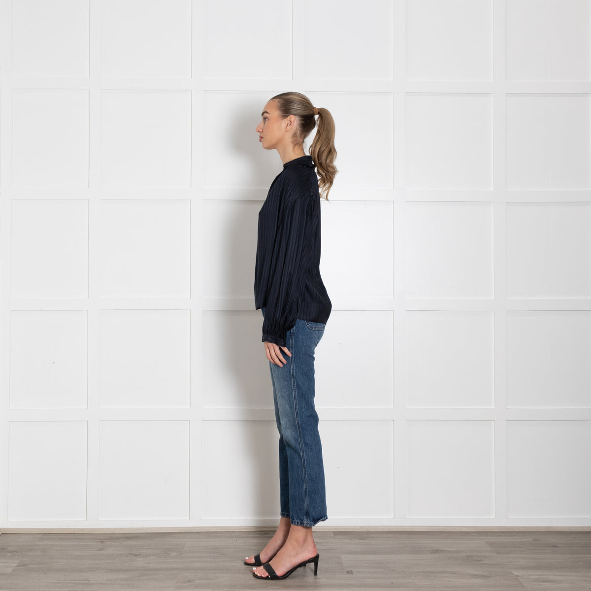 Stella McCartney Navy Blue Stripe Silk Long Sleeved Blouse