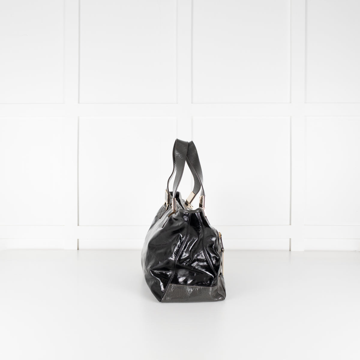 Anya Hindmarch Black Patent Grey Strap Gold Hardware Tote Bag