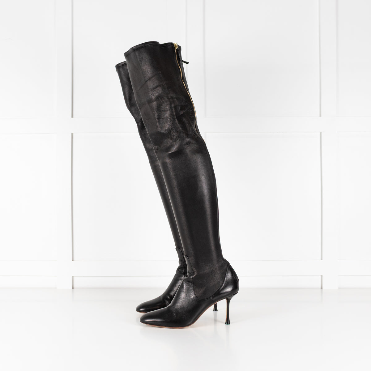 Francesco Russo Black Stretch Leather Over the Knee Boots
