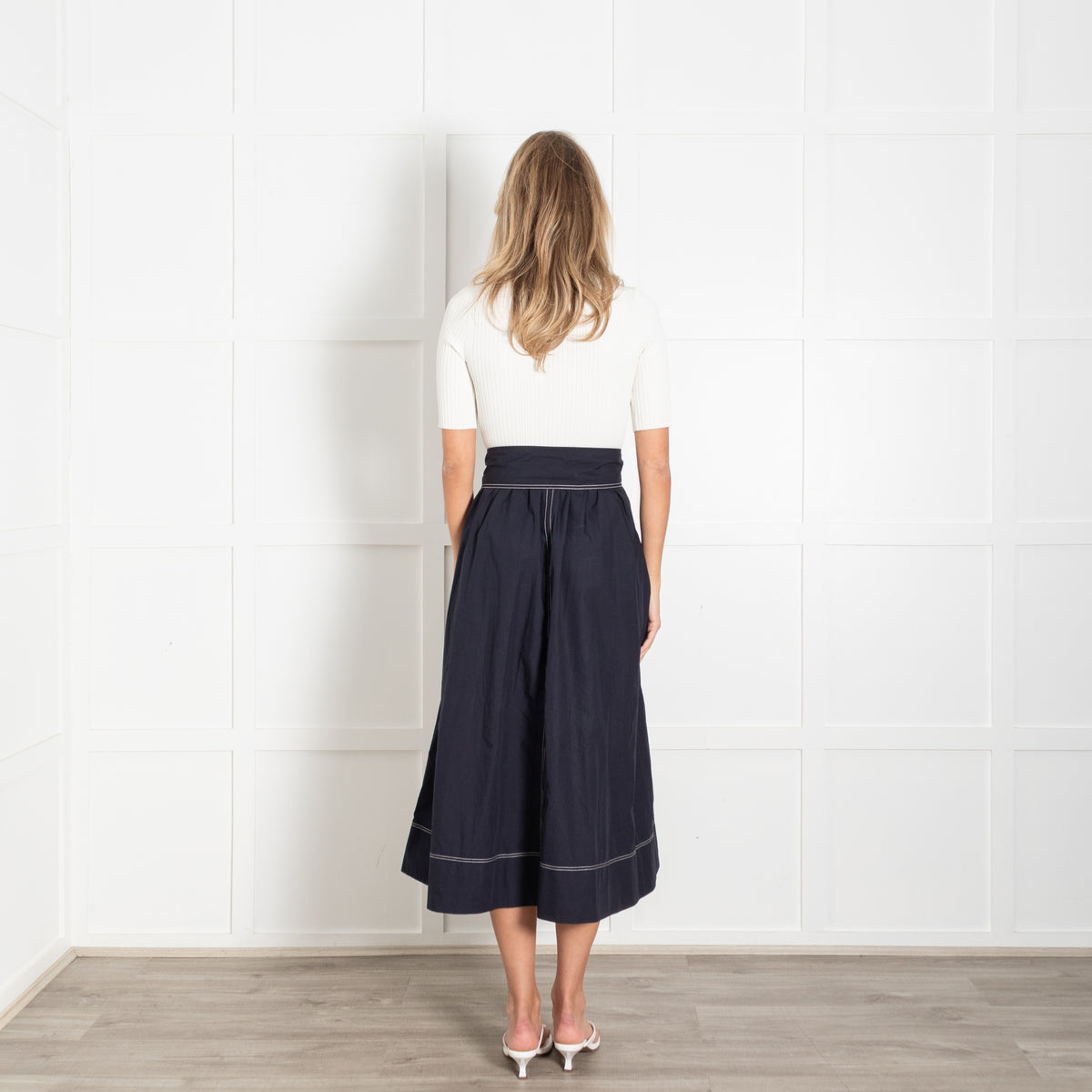 Me + Em Cream Knit Blue Cotton Long Belted Dress