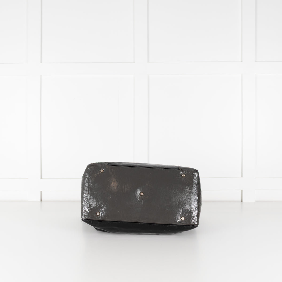 Anya Hindmarch Black Patent Grey Strap Gold Hardware Tote Bag