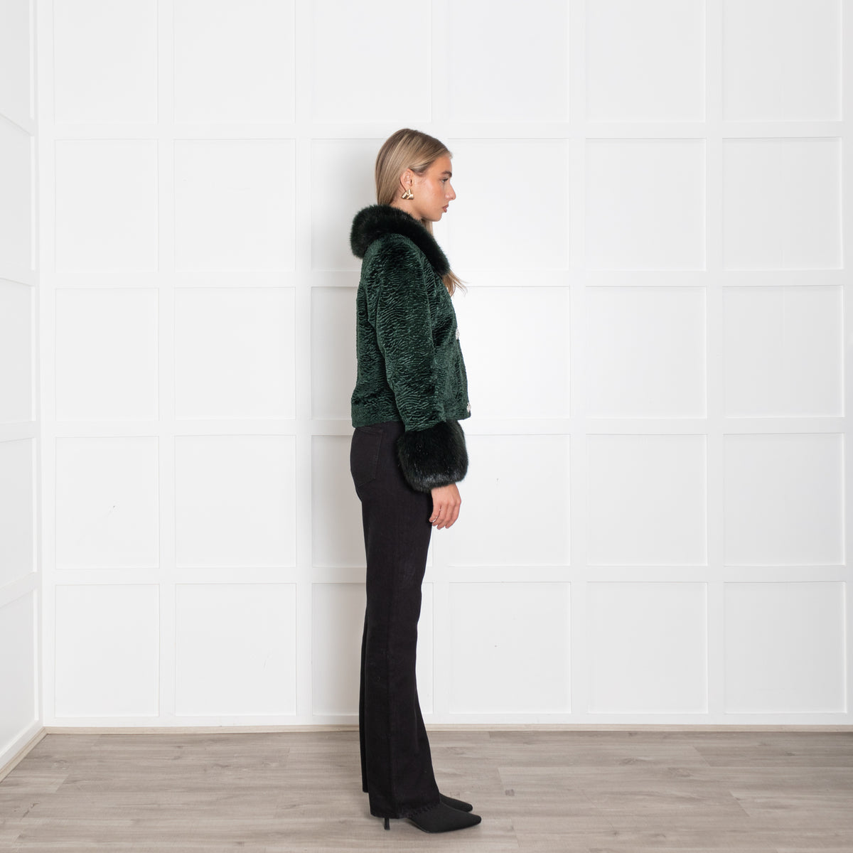 Shrimps Bottle Green Velvet Faux Fur Collar+Sleeve Jacket