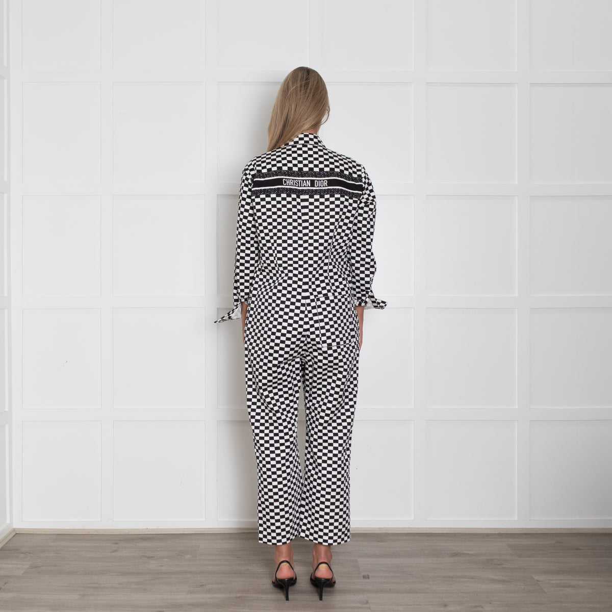 Christian Dior Black White Checkered Logo Print Jumpsuit