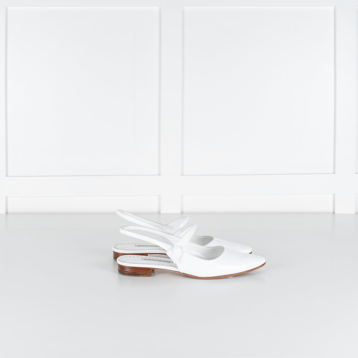 Manolo Blahnik Didion White Patent Leather Slingback Flats