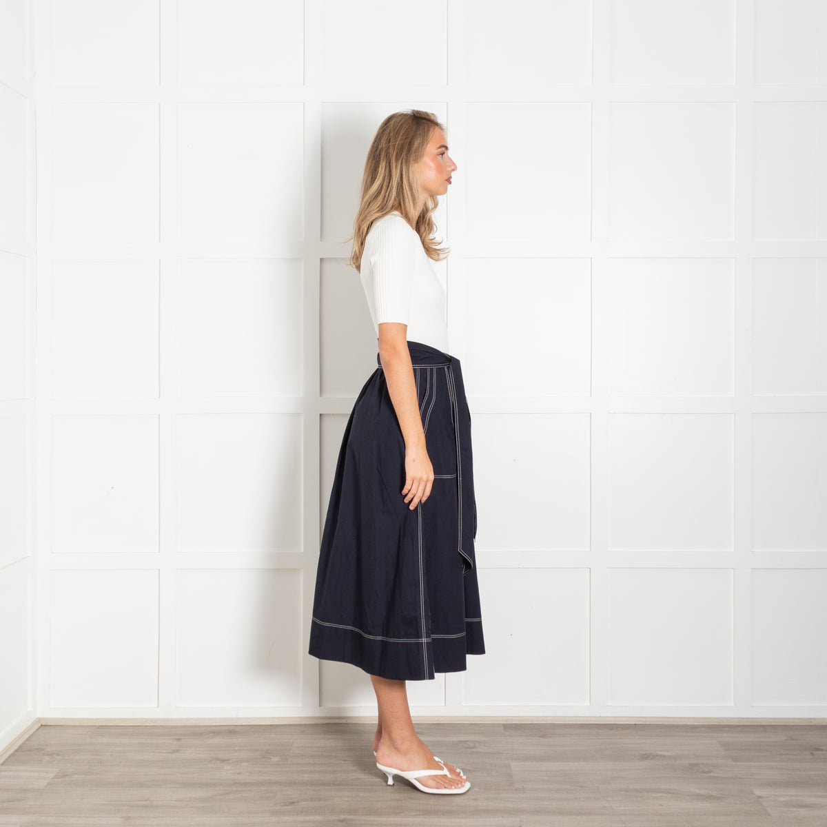 Me + Em Cream Knit Blue Cotton Long Belted Dress