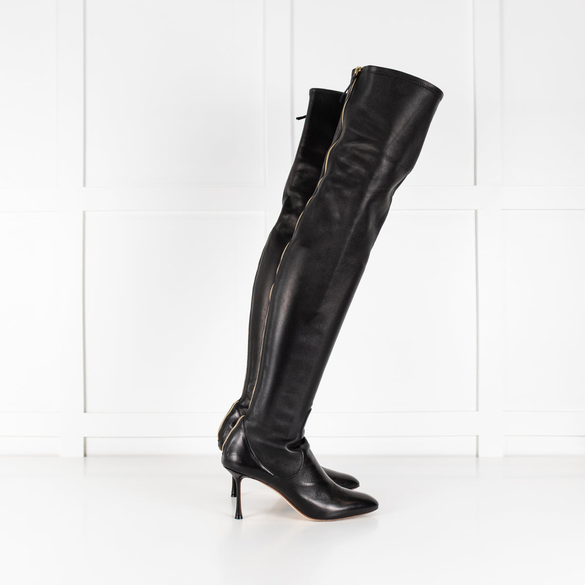 Francesco Russo Black Stretch Leather Over the Knee Boots