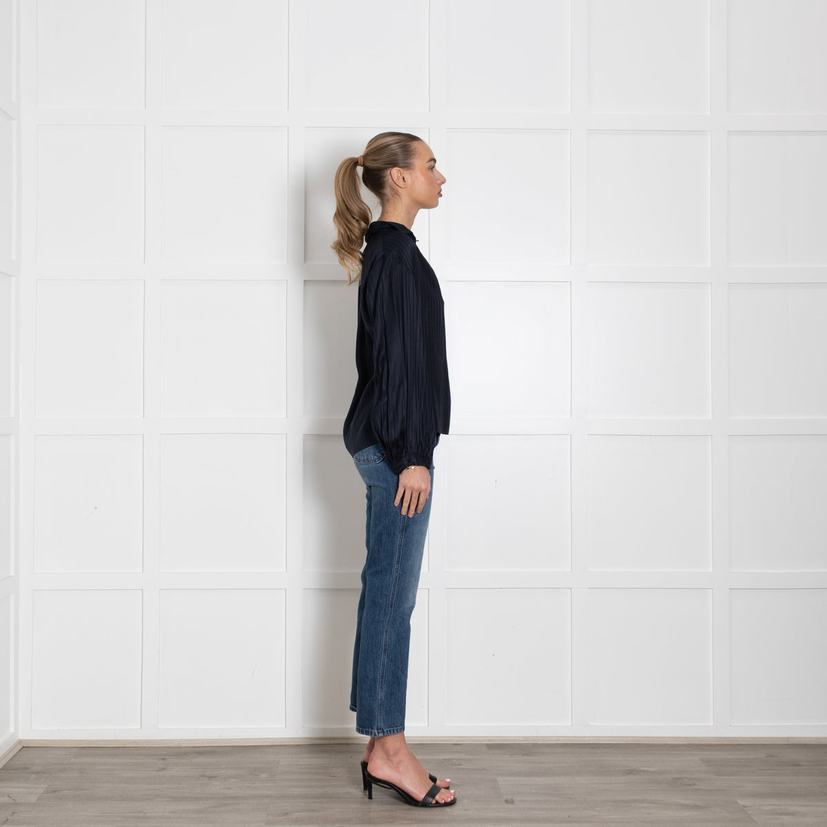 Stella McCartney Navy Blue Stripe Silk Long Sleeved Blouse
