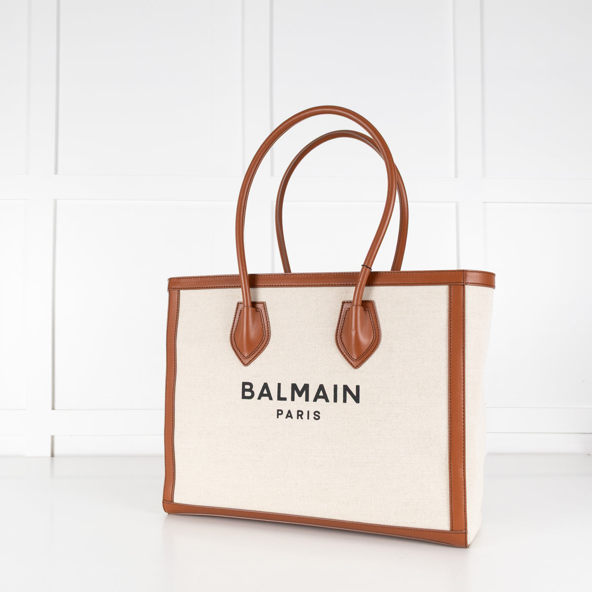Balmain tan canvas and calfskin leather logo tote bag front view