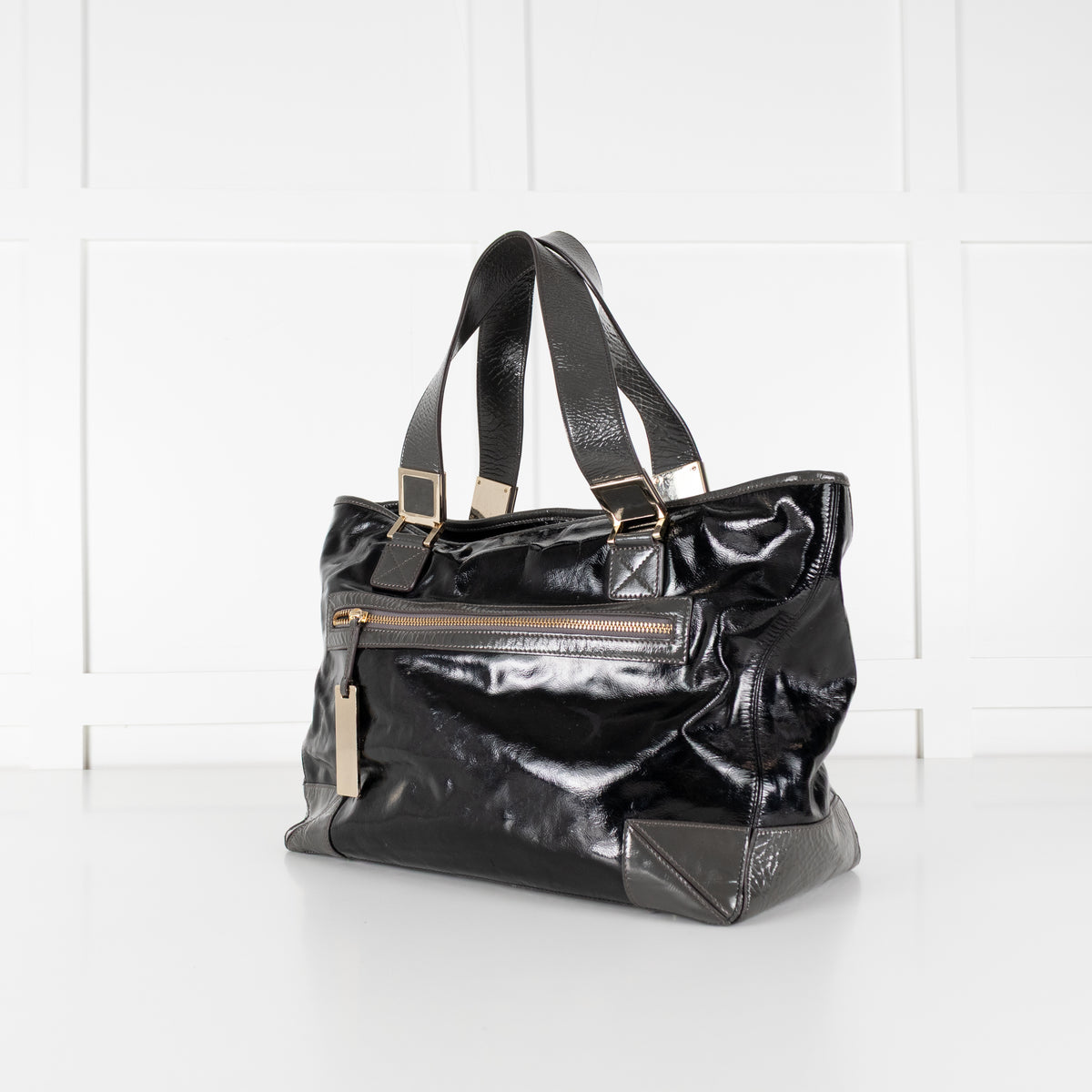 Anya Hindmarch Black Patent Grey Strap Gold Hardware Tote Bag