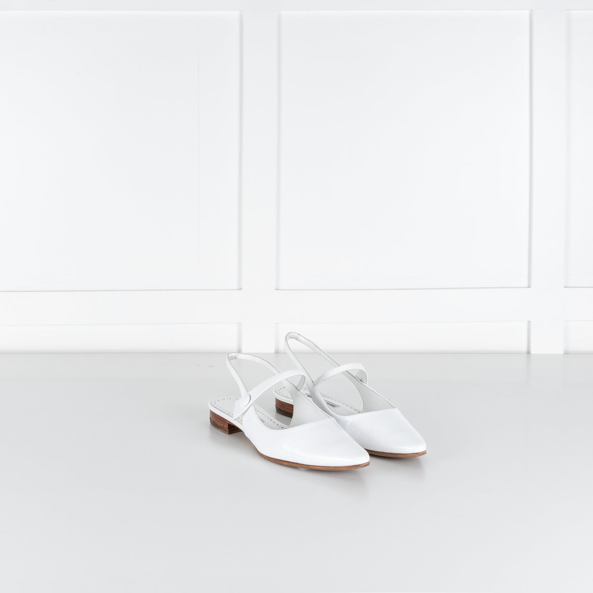 Manolo Blahnik Didion White Patent Leather Slingback Flats