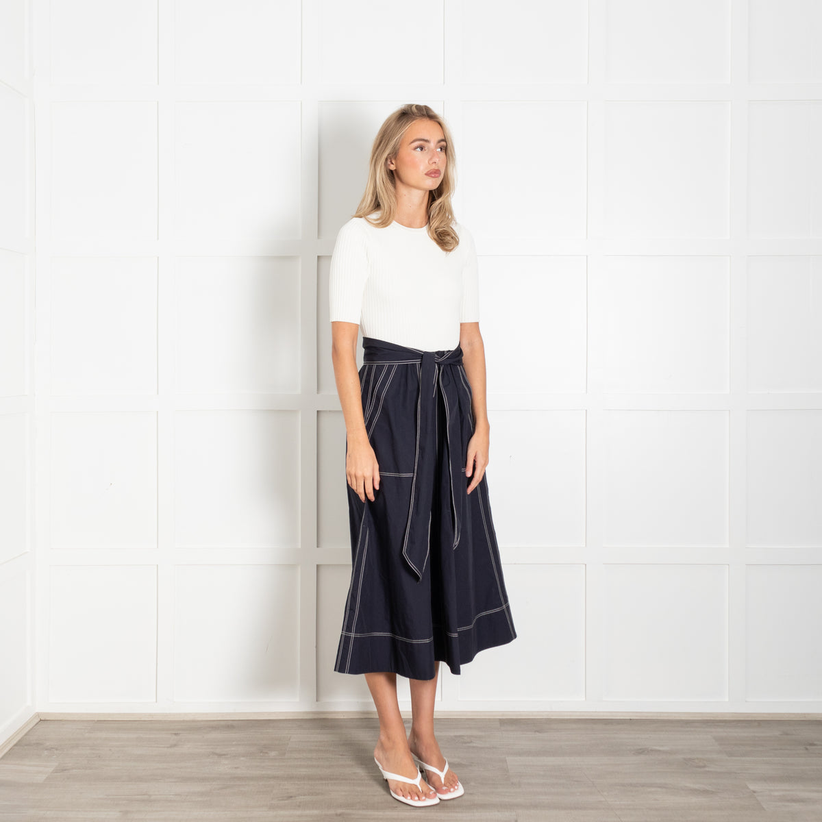 Me + Em Cream Knit Blue Cotton Long Belted Dress