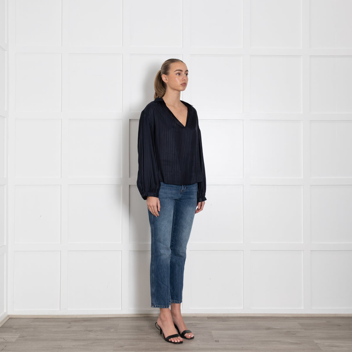 Stella McCartney Navy Blue Stripe Silk Long Sleeved Blouse