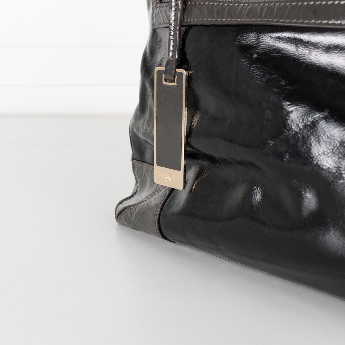 Anya Hindmarch Black Patent Grey Strap Gold Hardware Tote Bag