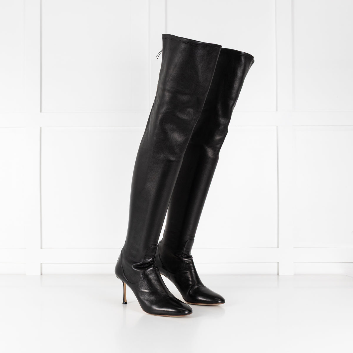 Francesco Russo Black Stretch Leather Over the Knee Boots
