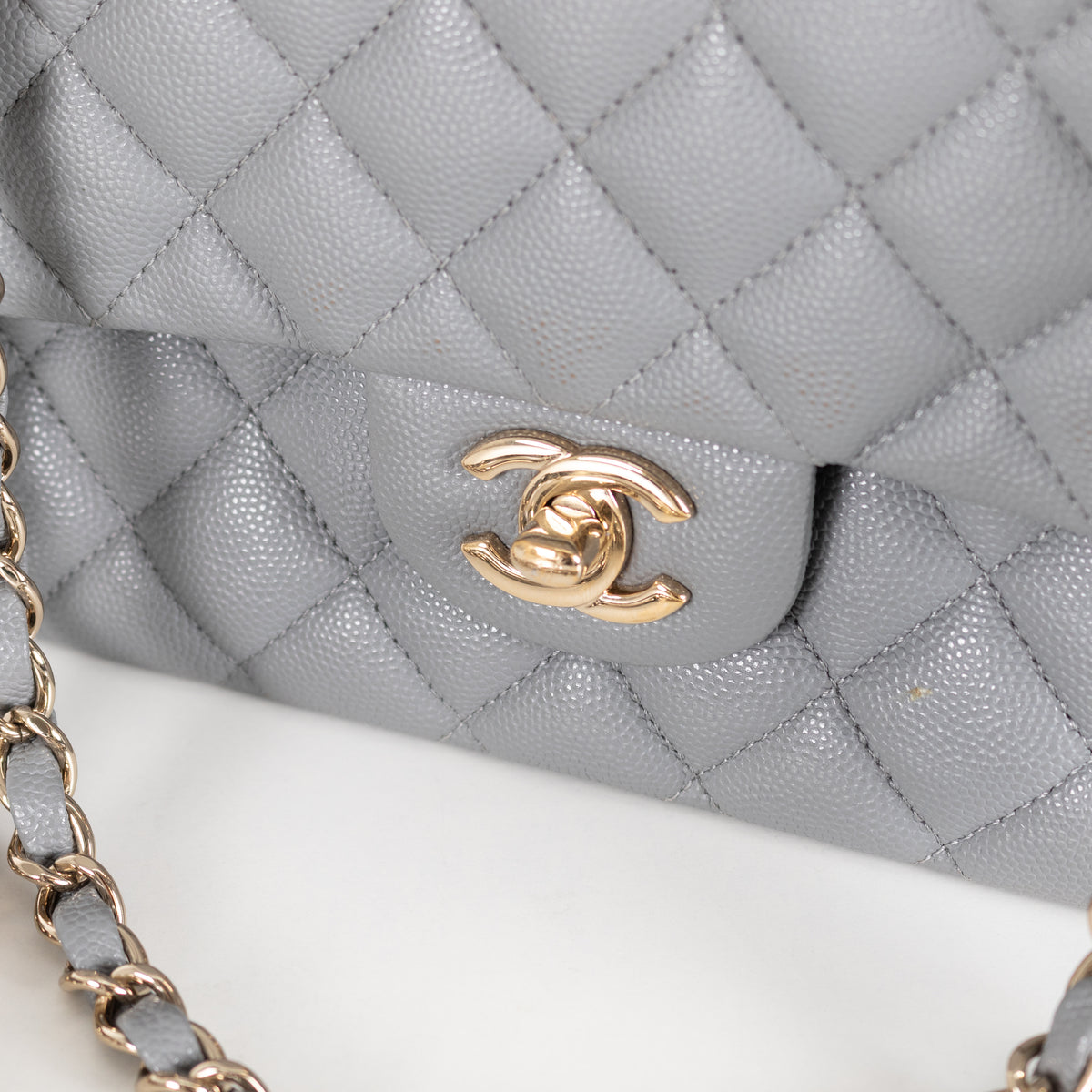 Chanel Grey Caviar Leather Champagne Gold Hardware Medium Double Flap Bag