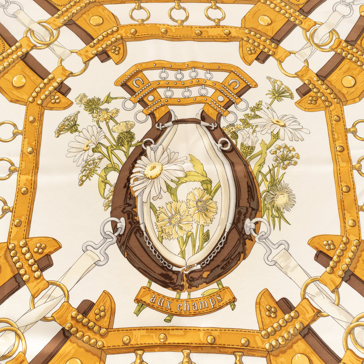Hermes Silk 'Aux Champs' Floral Horseshoe Motif Scarf