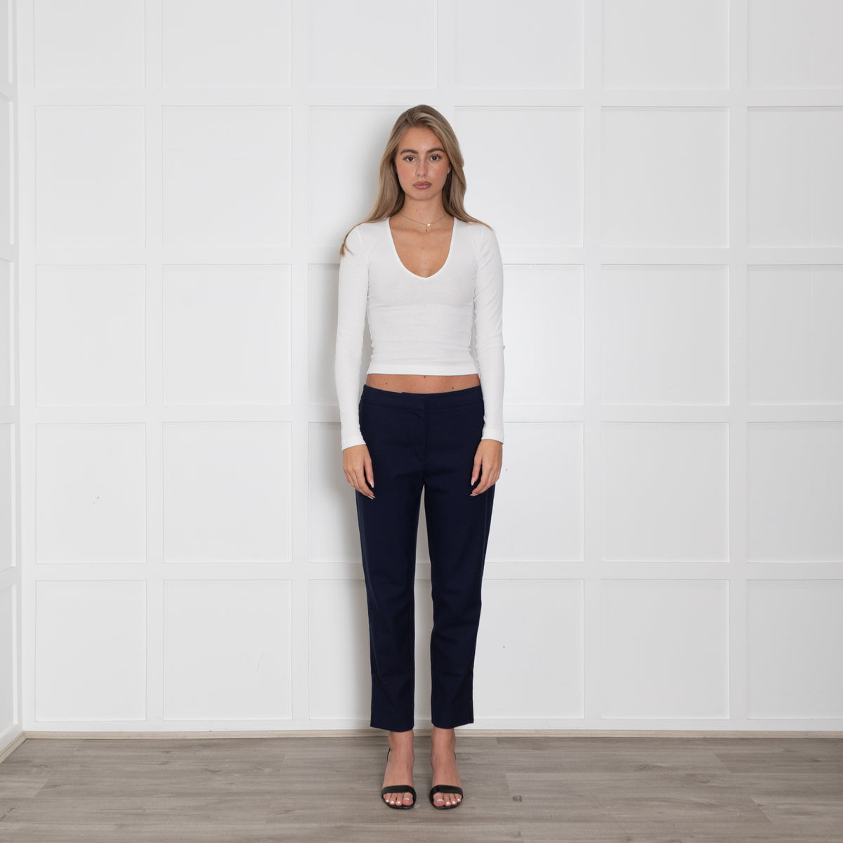 Wyse Navy Crop Trouser With Satin Side Stripe