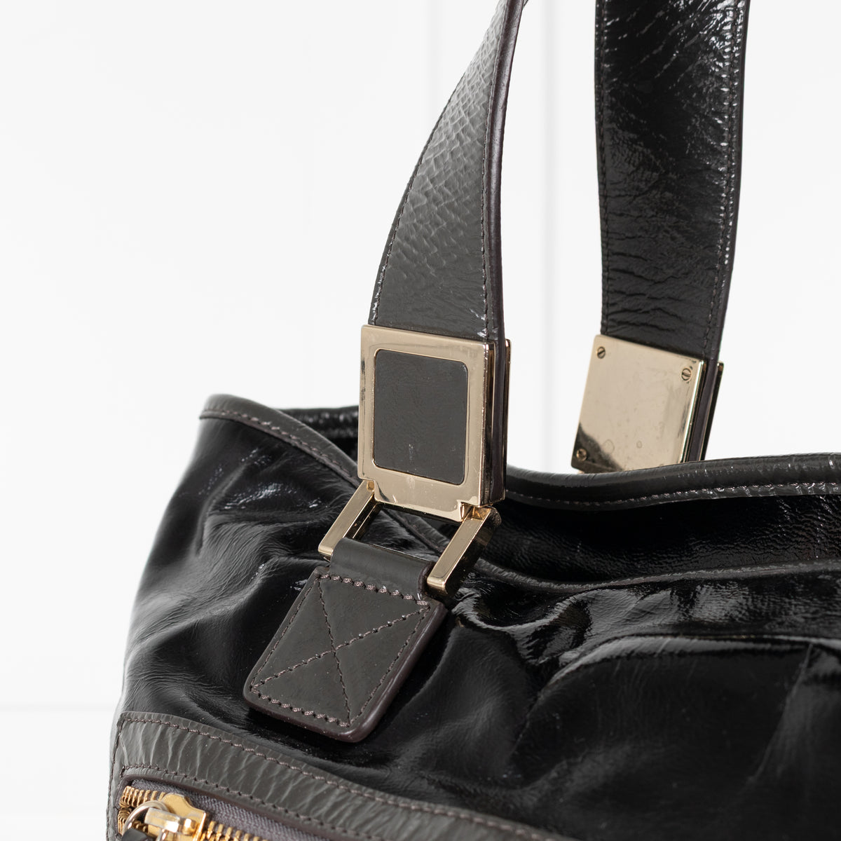 Anya Hindmarch Black Patent Grey Strap Gold Hardware Tote Bag