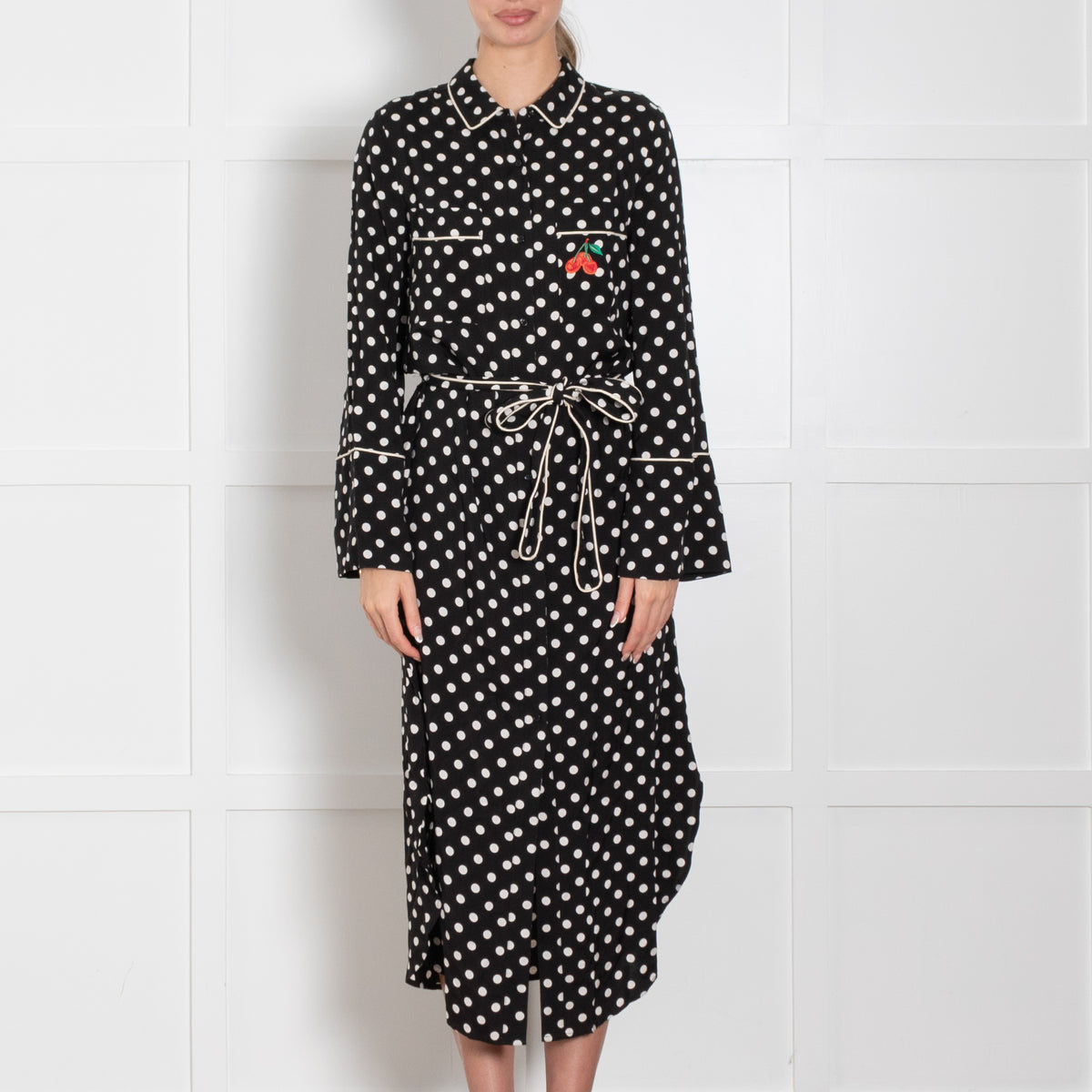 Essentiel Antwerp Black & White Spotted Dress With Cherry Motif & Belt