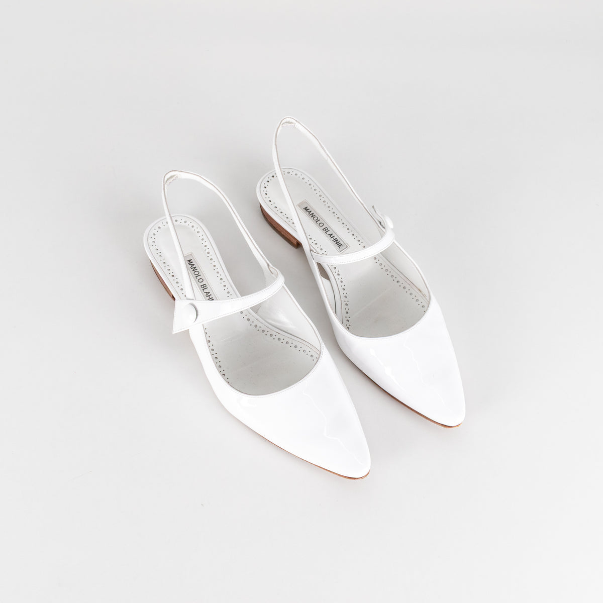Manolo Blahnik Didion White Patent Leather Slingback Flats