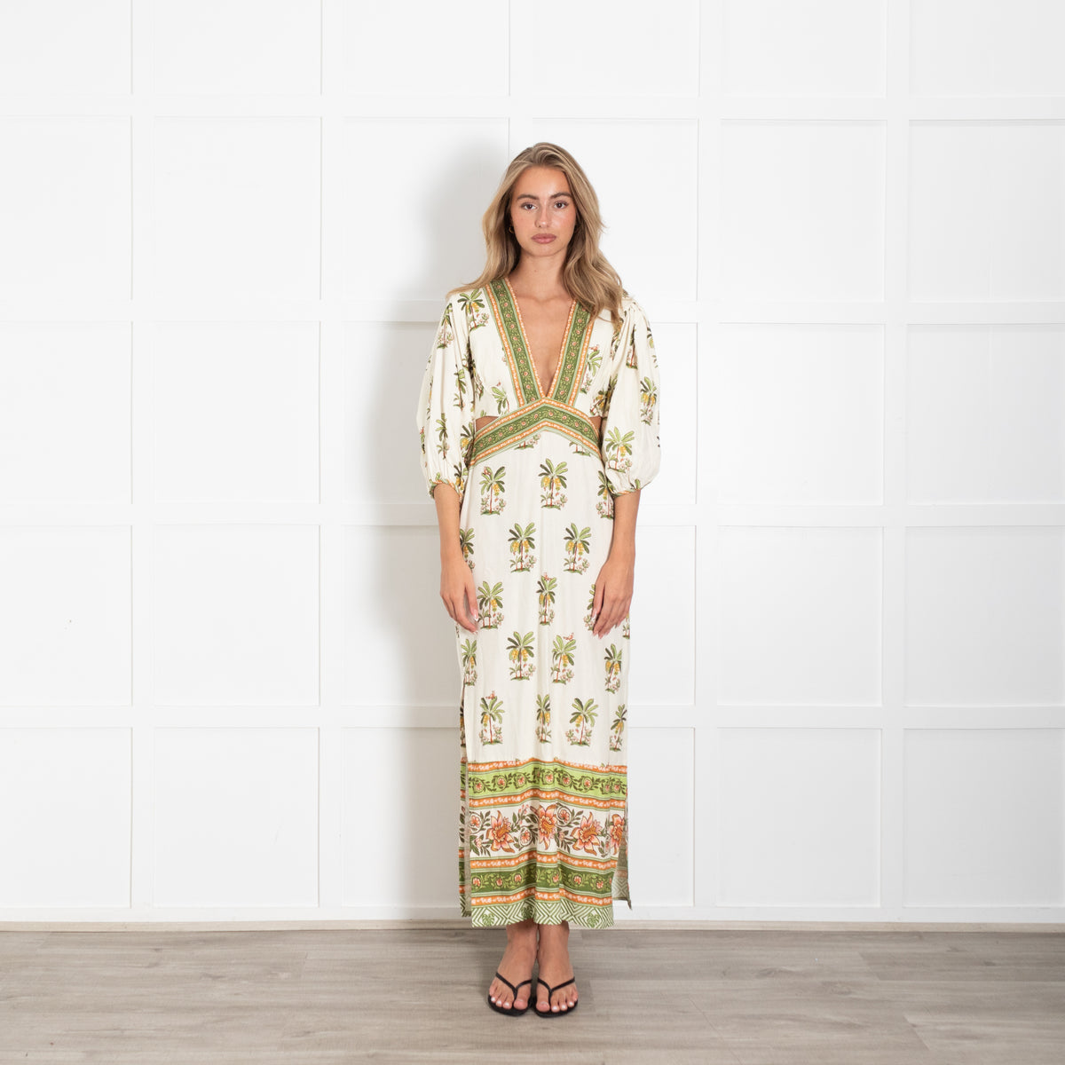 Farm Rio Luna Linen Cream Palm Tree Print Maxi Dress