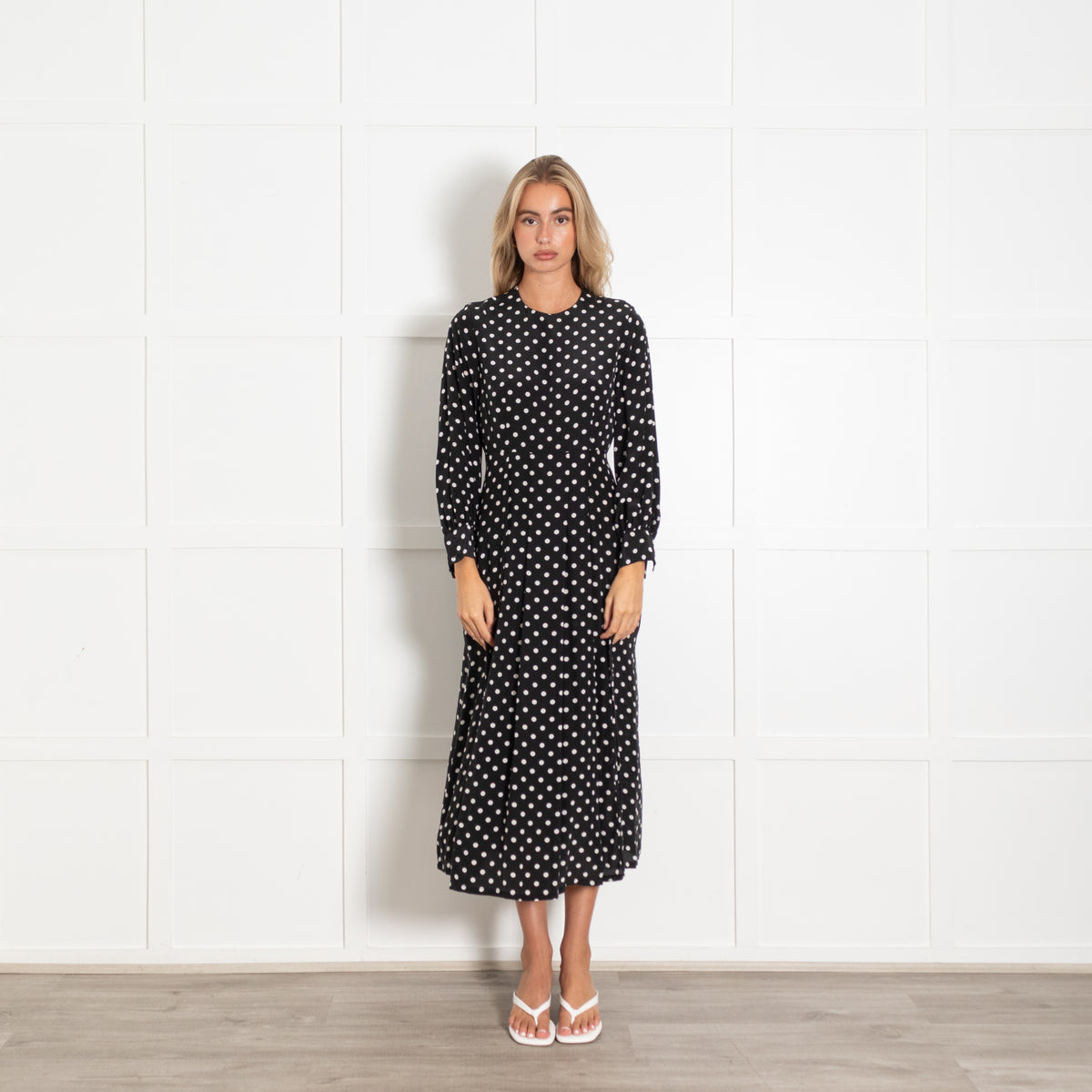 Rixo Black And White Polka Dot Long Sleeve Dress