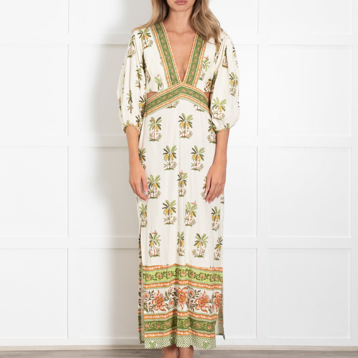 Farm Rio Luna Linen Cream Palm Tree Print Maxi Dress
