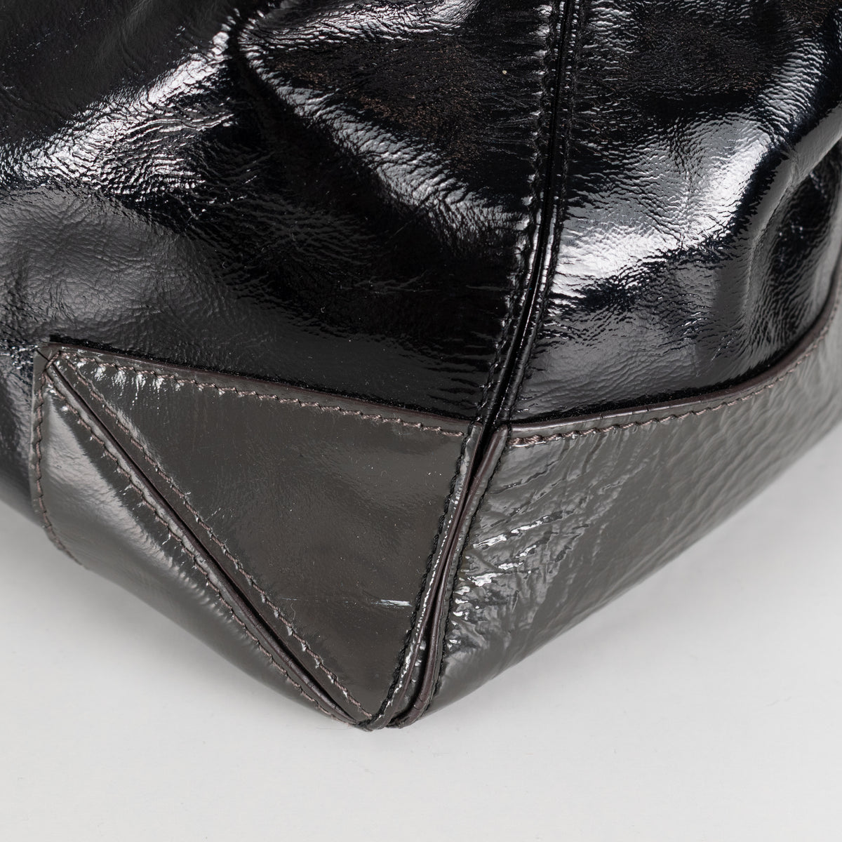 Anya Hindmarch Black Patent Grey Strap Gold Hardware Tote Bag