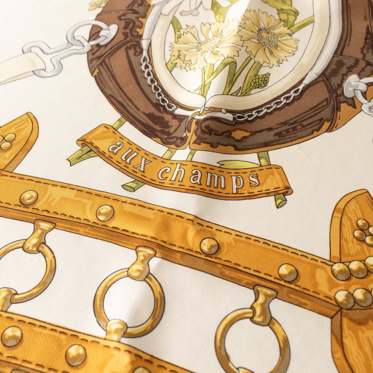 Hermes Silk 'Aux Champs' Floral Horseshoe Motif Scarf