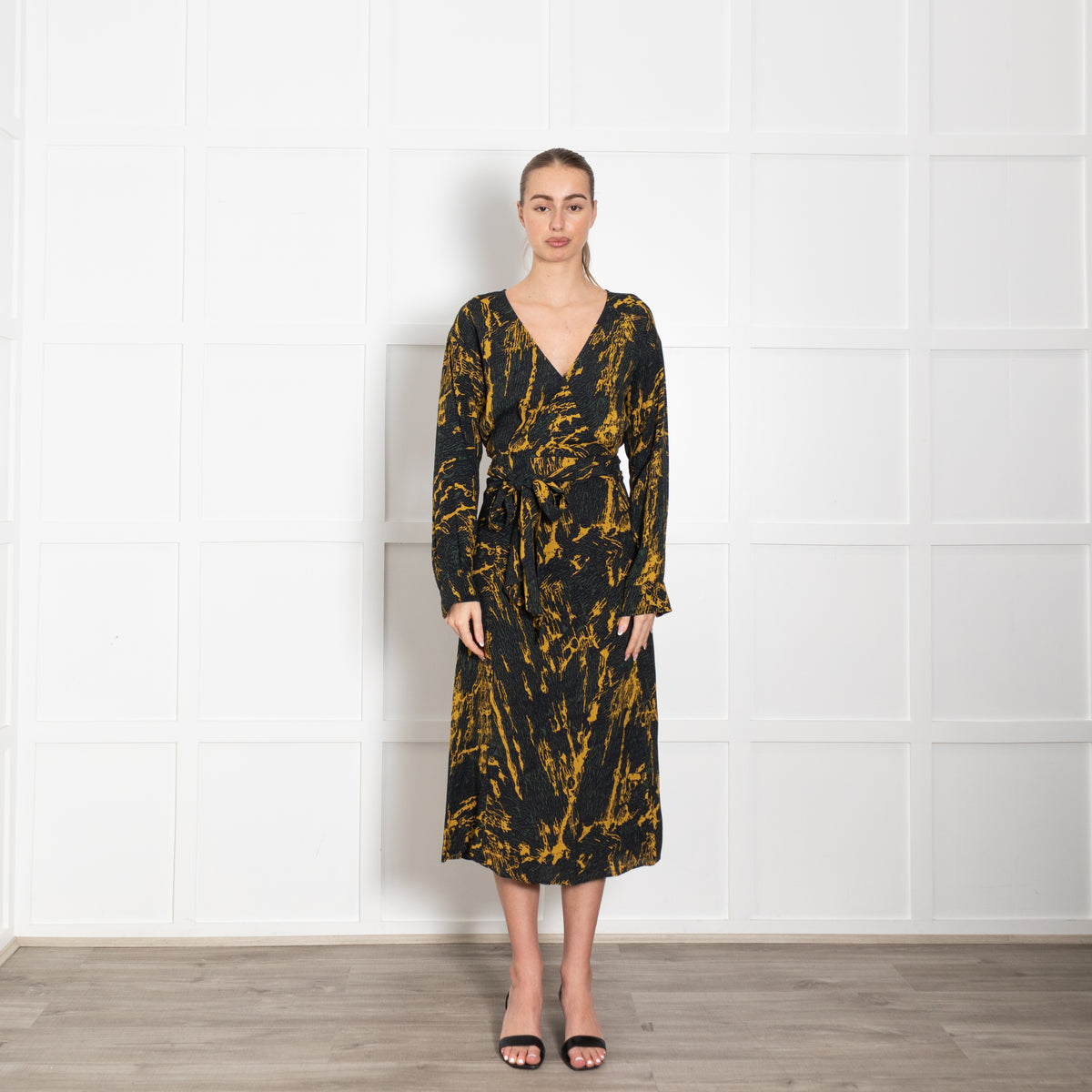 Pinko Green And Yellow Wrap Tie Long Sleeve Dress